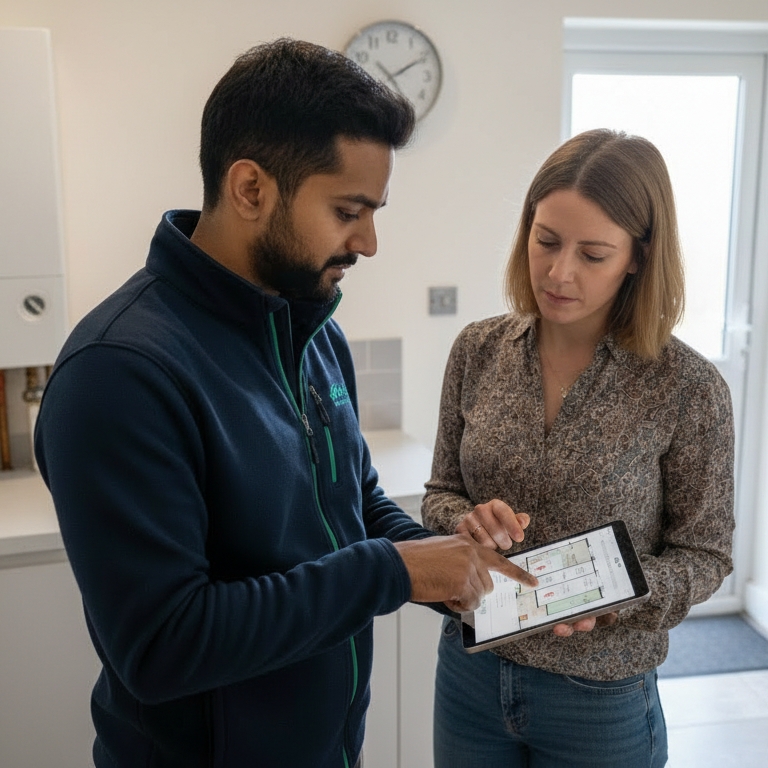 HCE employee completing a free home survey at a homeowner’s property