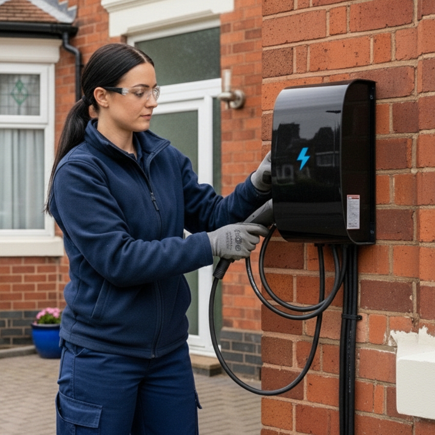 HCE employee installing an electric vehicle charger at a UK home