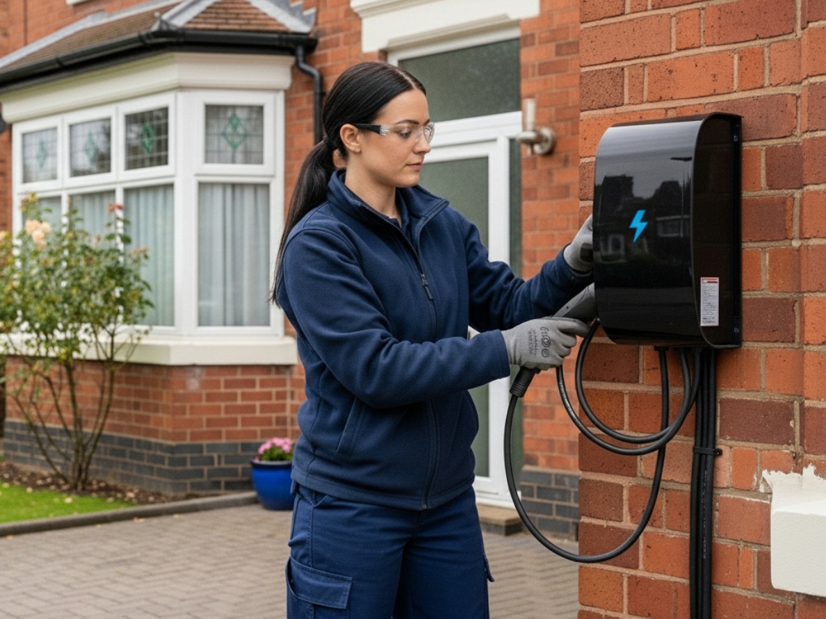 HCE employee installing an electric vehicle charger at a UK home