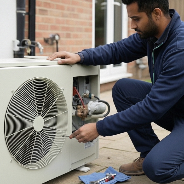 HCE employee servicing a heat pump at a UK property