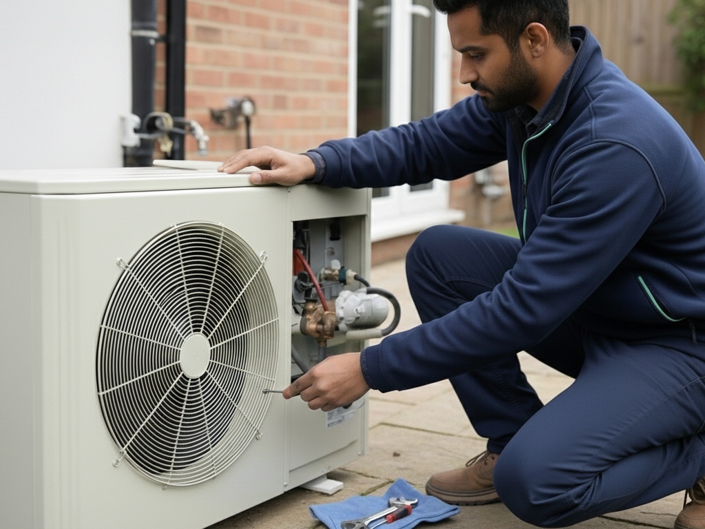 HCE employee servicing a heat pump at a UK property