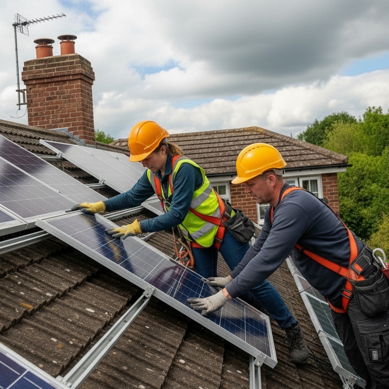 HCE team installing solar panels on the roof of a UK home
